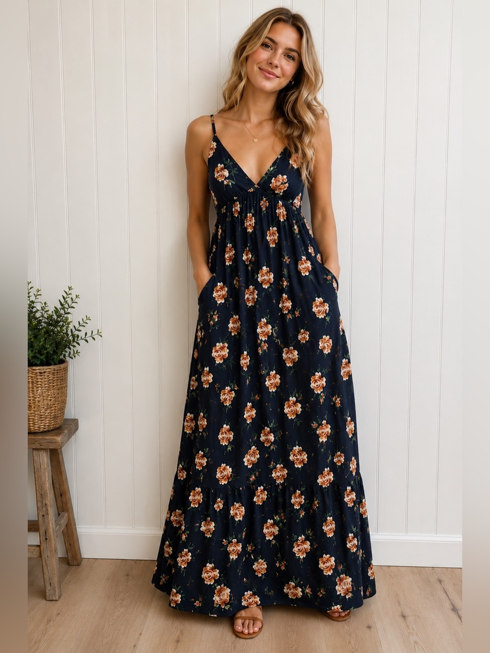 Old Navy Floral Midi Dress Navy Rose Print Tiered Sundress Small